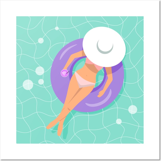 Woman floating on rubber ring with cocktail in her hand Wall Art by SooperYela